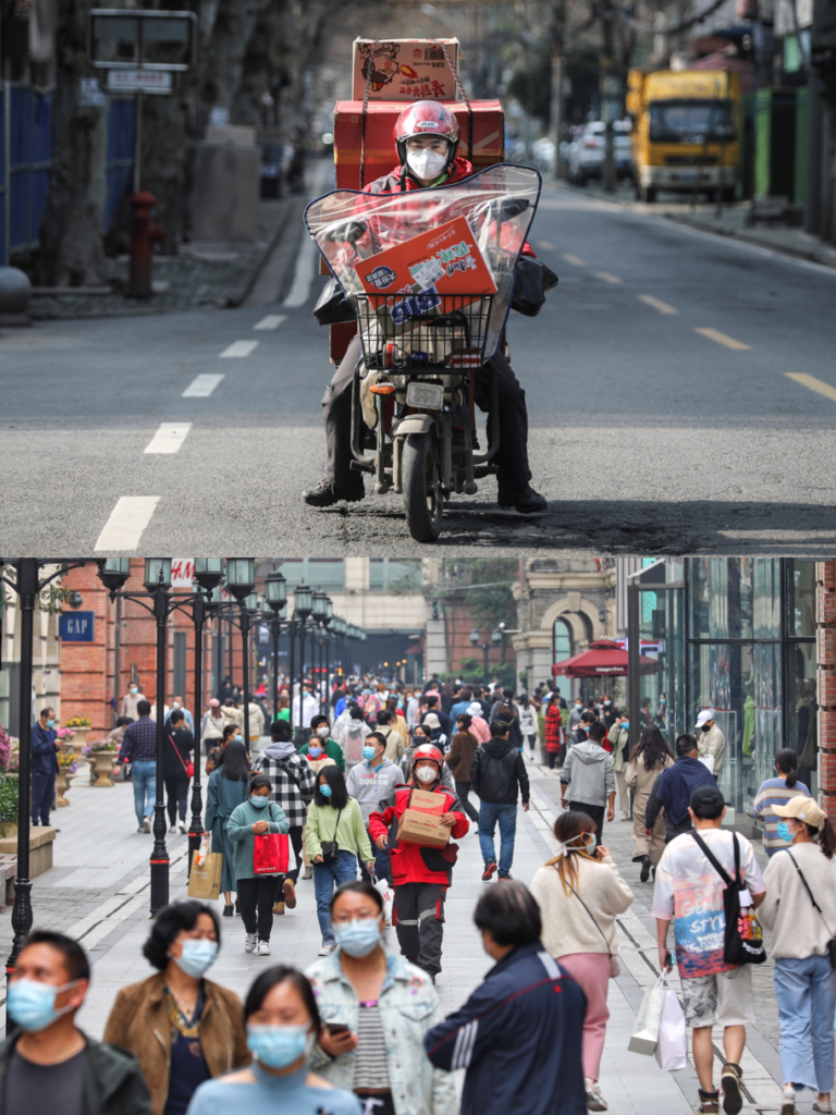 In January, a JD courier was driving his delivery vehicle on the empty streets of Wuhan. Now in April, the crowds offer a warm welcome back!