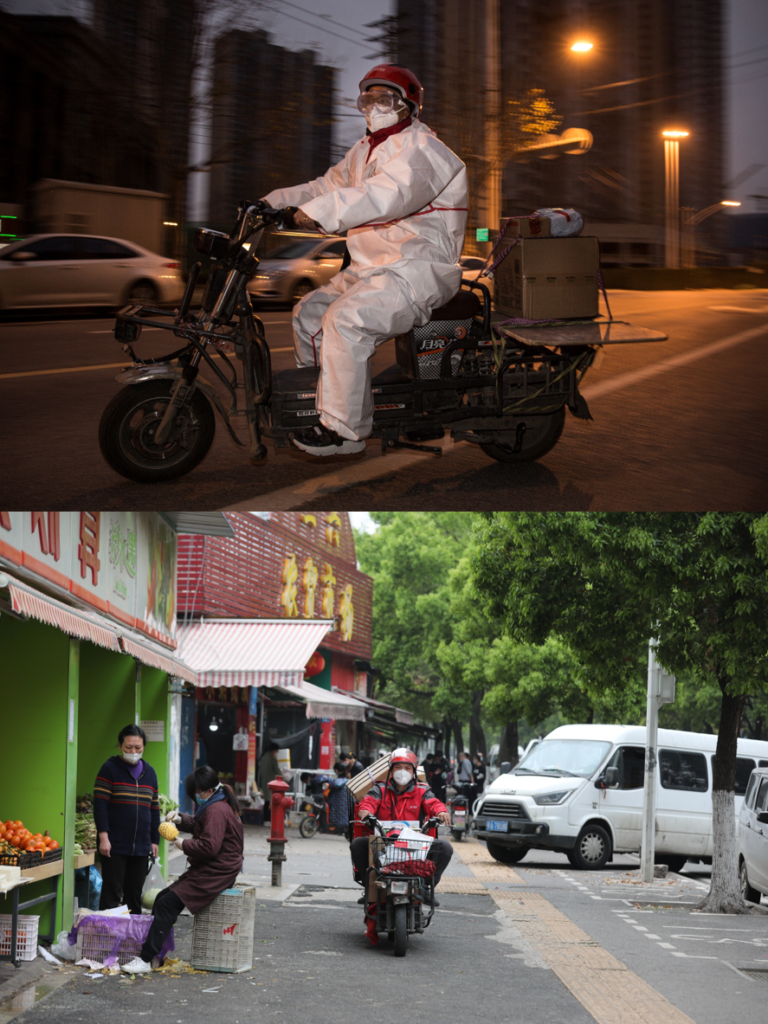 In February, a JD courier was delivering on the streets of Wuhan, equipped with protective clothing and goggles.