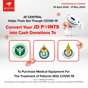 Customers of JD Central, JD.com’s e-commerce joint venture in Thailand, can now have their JD Points converted into cash donations to support three hospitals in the country.