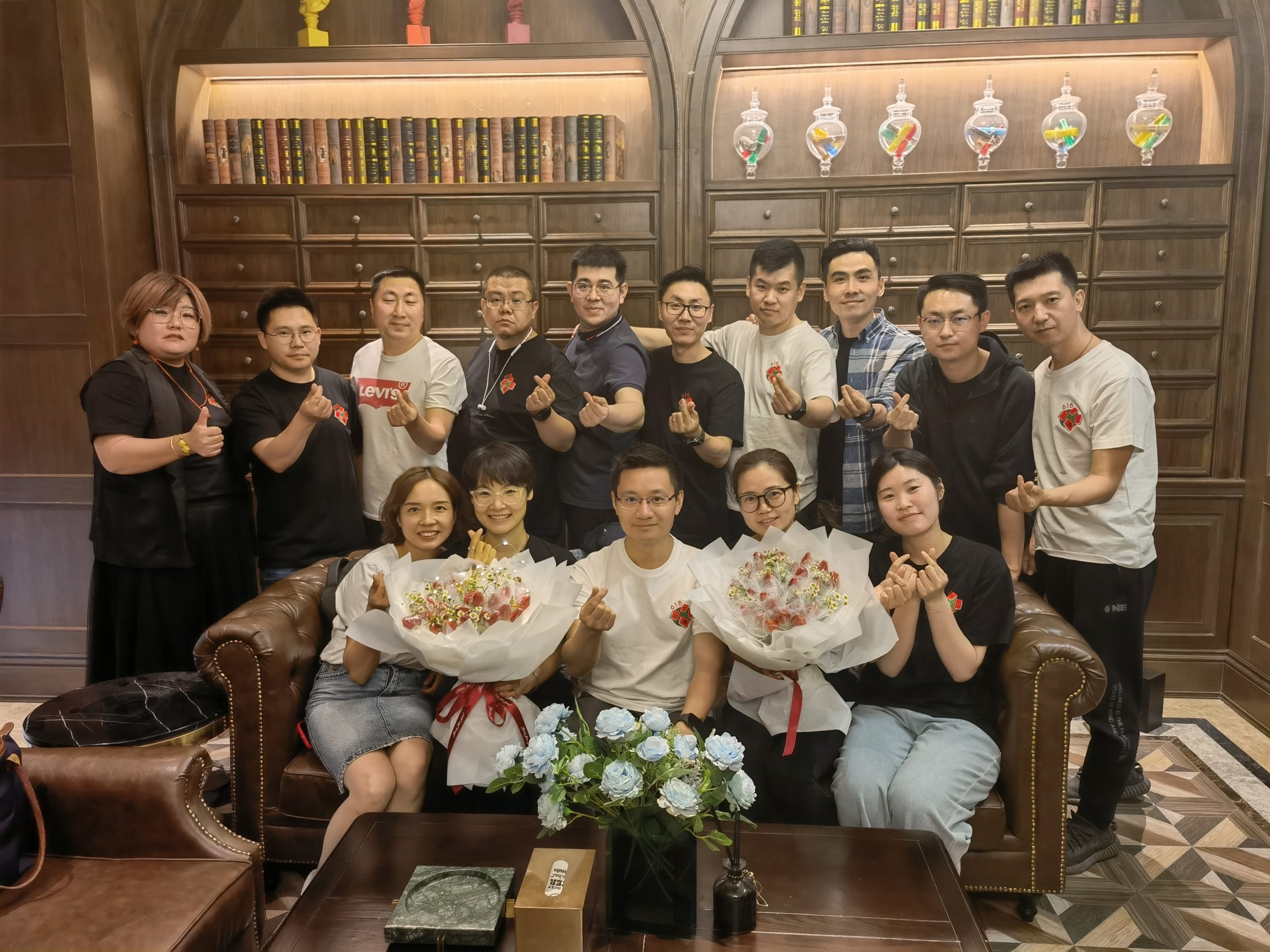 On May 18th, Ye (middle, front row) is pictured with part of his team at JD Fresh, celebrating two colleagues who recently reached five-year mark at JD  (Lian Li, second from right, and Chunyan Chen, second from left; both in front row)